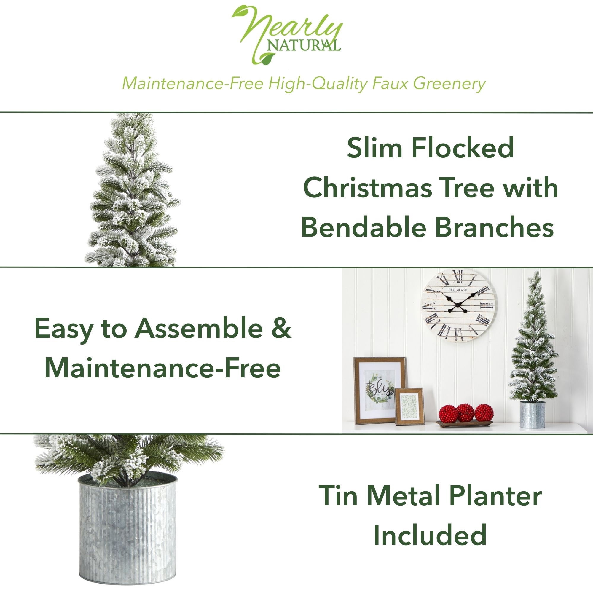 Nearly Natural 3' Green Flocked Pine Artificial Christmas Tree in Tin Planter