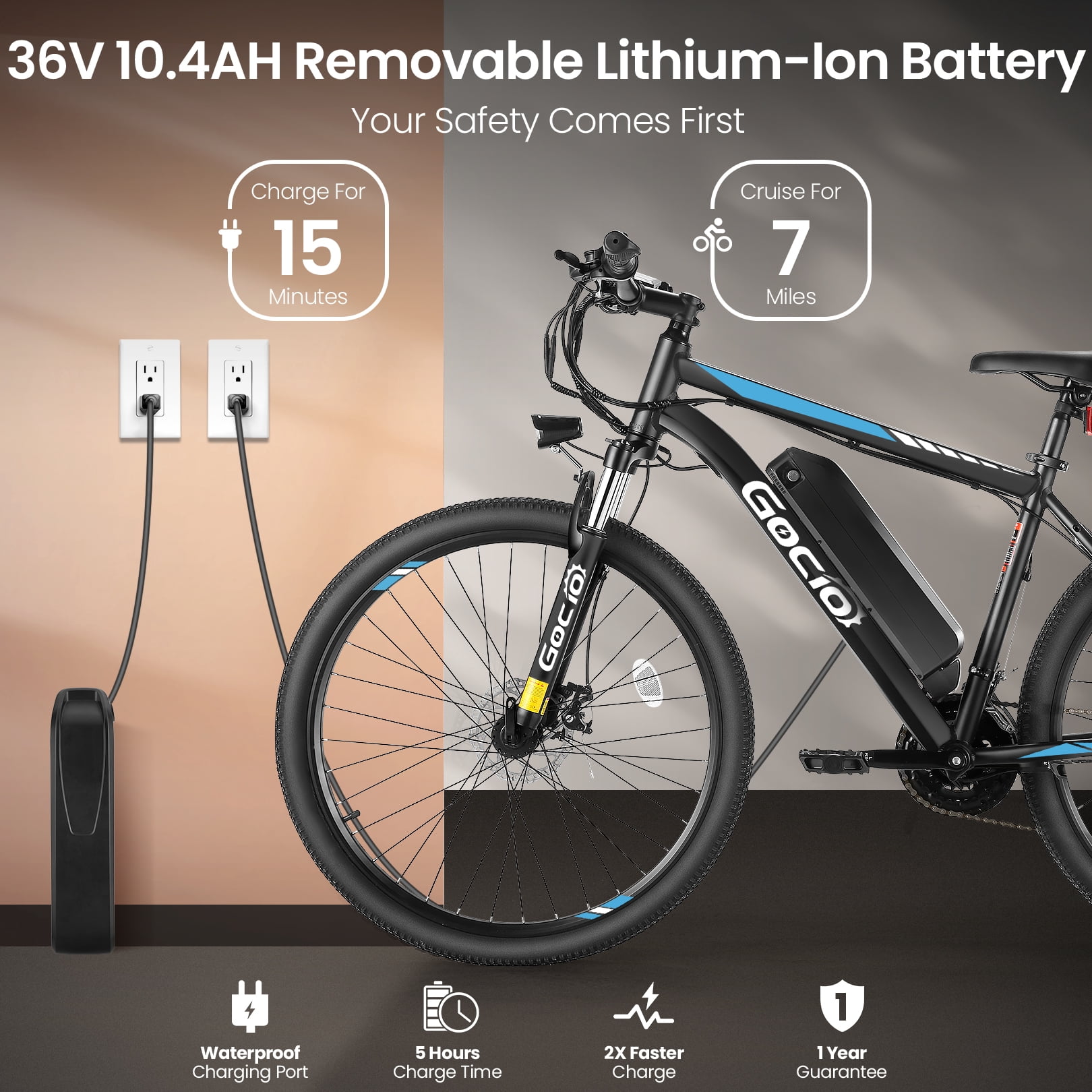 Gocio 26" Electric Bike, 350W Electric Bike for Adults 19.8MPH Electric Mountain Bike, LCD, Lockable Suspension Fork, 374.4Wh 36V Battery UL2849 Certified, 21-Speed E-Bikes Adult Electric Bicycle