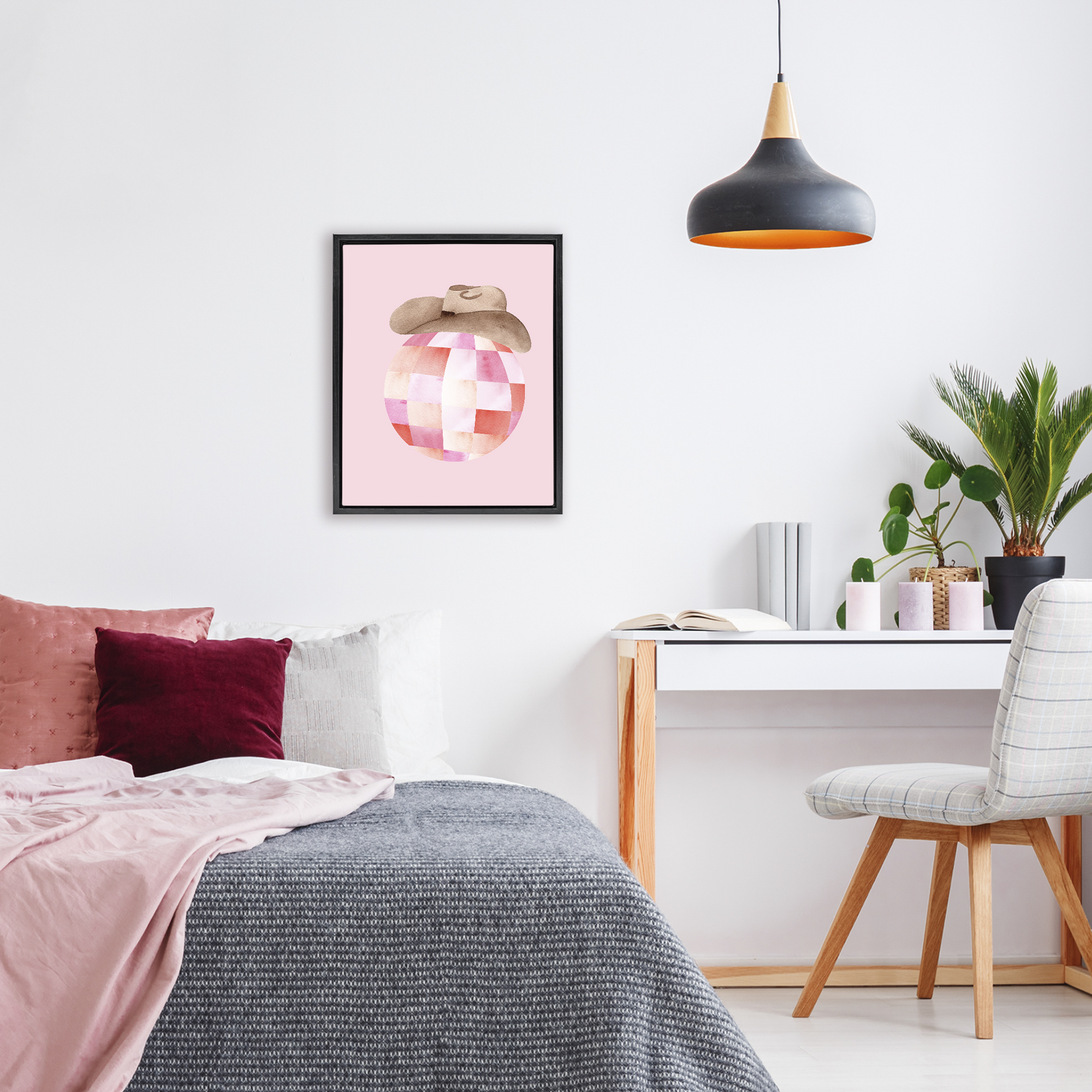 Rosy Disco Cowgirl Hat Black Framed Floater Canvas Wall Art, design by Nina Jacobs