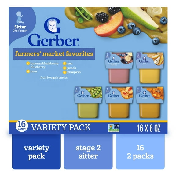 Gerber 2nd Foods Baby Food, Farmers' Favorites Variety Pack, 2 oz Tubs (32 Pack)