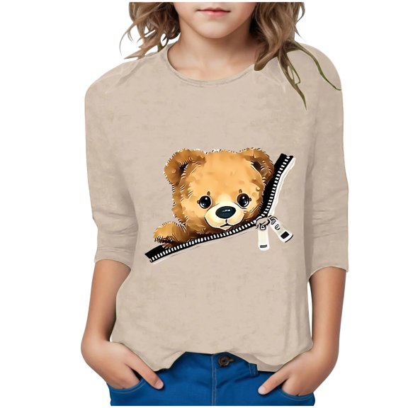 Virmaxy (3-12 Years) Boys Girls Casual Bear Printed Shirt Kids Baby 3/4 Sleeve Round Neck Top Summer Loose Trend Pullover Shirt Beige 3 Years