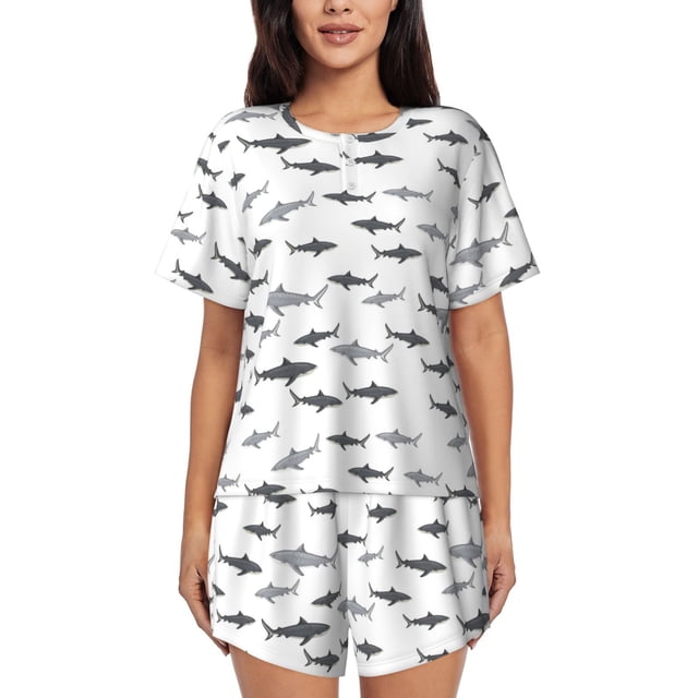 Fotbe Cute Shark Conjunto de Pijama Estampado para Mujer, 2 Piezas, Ropa de Dormir con Camiseta de Manga Corta y Shorts Suaves-Medium