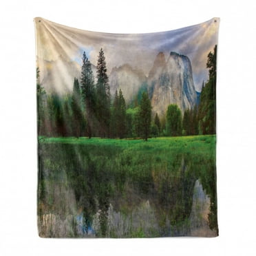 Yosemite Soft Flannel Fleece Throw Blanket, Sunset Panorama of Yosemite Rocks Trees Cloudy Sky Reflection Riverside, Cozy Plush for Indoor and Outdoor Use, 50" x 70", Beige Green, by Ambesonne