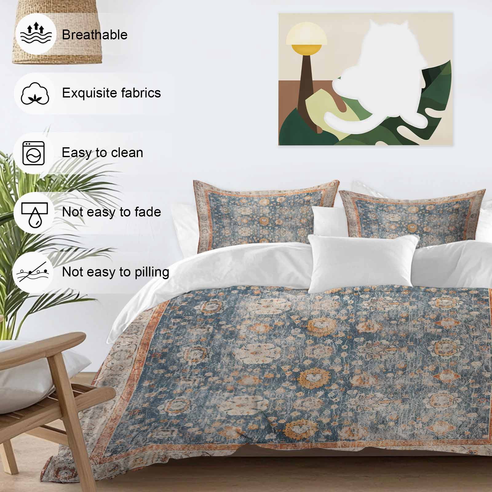 Blue Beige Vintage Bedding 3 Piece Duvet Cover Set California King, Modern Geometric Abstract Art Ethnic Soft Microfiber Comforter Cover with Zipper Closure & Pillowcases, FadeResistant Quilt Cover