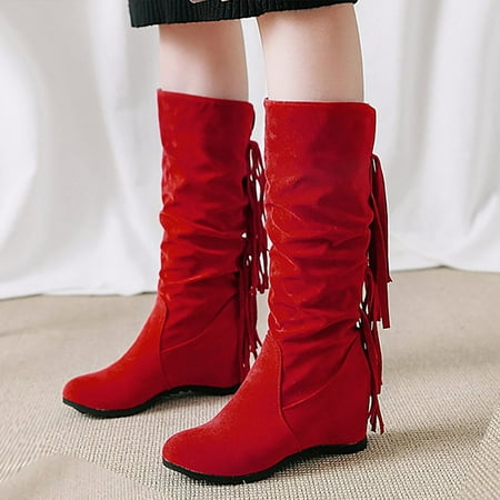 

FZM Cowboy Boots For Women Women S New Tassel Boots In Autumn And Winter Slope Heel Frosted Inner Height Medium Boots Red Us Size 8
