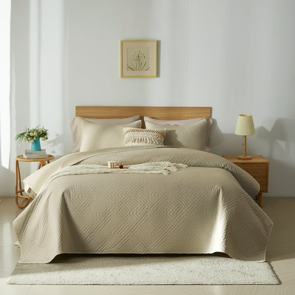 Davulos Khaki Quilt Bedding Set,Lightweight Bedspreads Reversible Microfiber Soft Modern Geometric Coverlet Set for All Seasons(1 Quilt and 1 Pillow Sham)