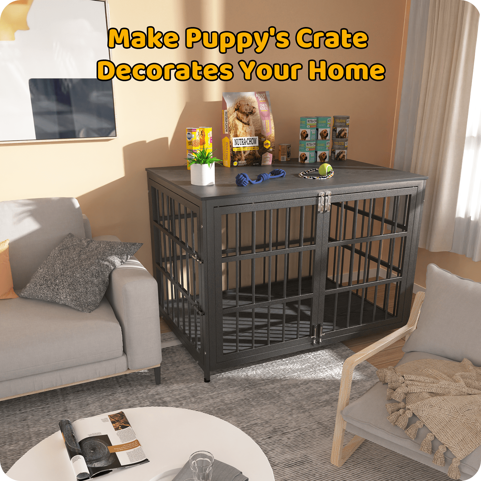 Ironovahome 42" Heavy Duty Dog Crate Furniture, Chew-Proof & Escape-Proof Wooden Dog Cage with Safe Locks & Double Doors, XL Indoor Dog Kennel Pet House for Large Dogs Up to 85lb, Black