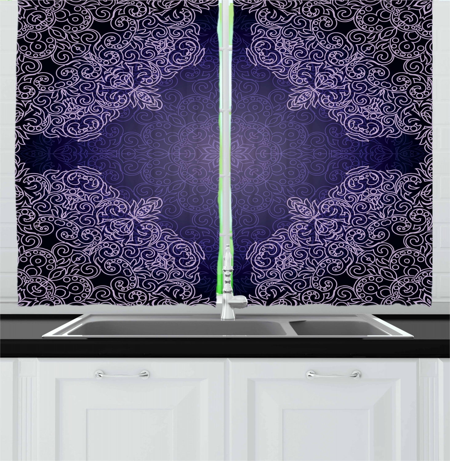 Purple Mandala Curtains 2 Panels Set, Oriental Lacework Mandala with Abstract Floral Motifs, Window Drapes for Living Room Bedroom, 55W X 39L Inches, Purple Grey Indigo and Pale Mauve, by Ambesonne