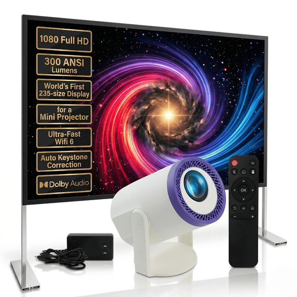 Projector Bundle - Projector Screen with Stand & Brother eye 4k Mini projector 300 lumens 2gb ram 16gb rom ultra fast , All in One Super Mini Projector