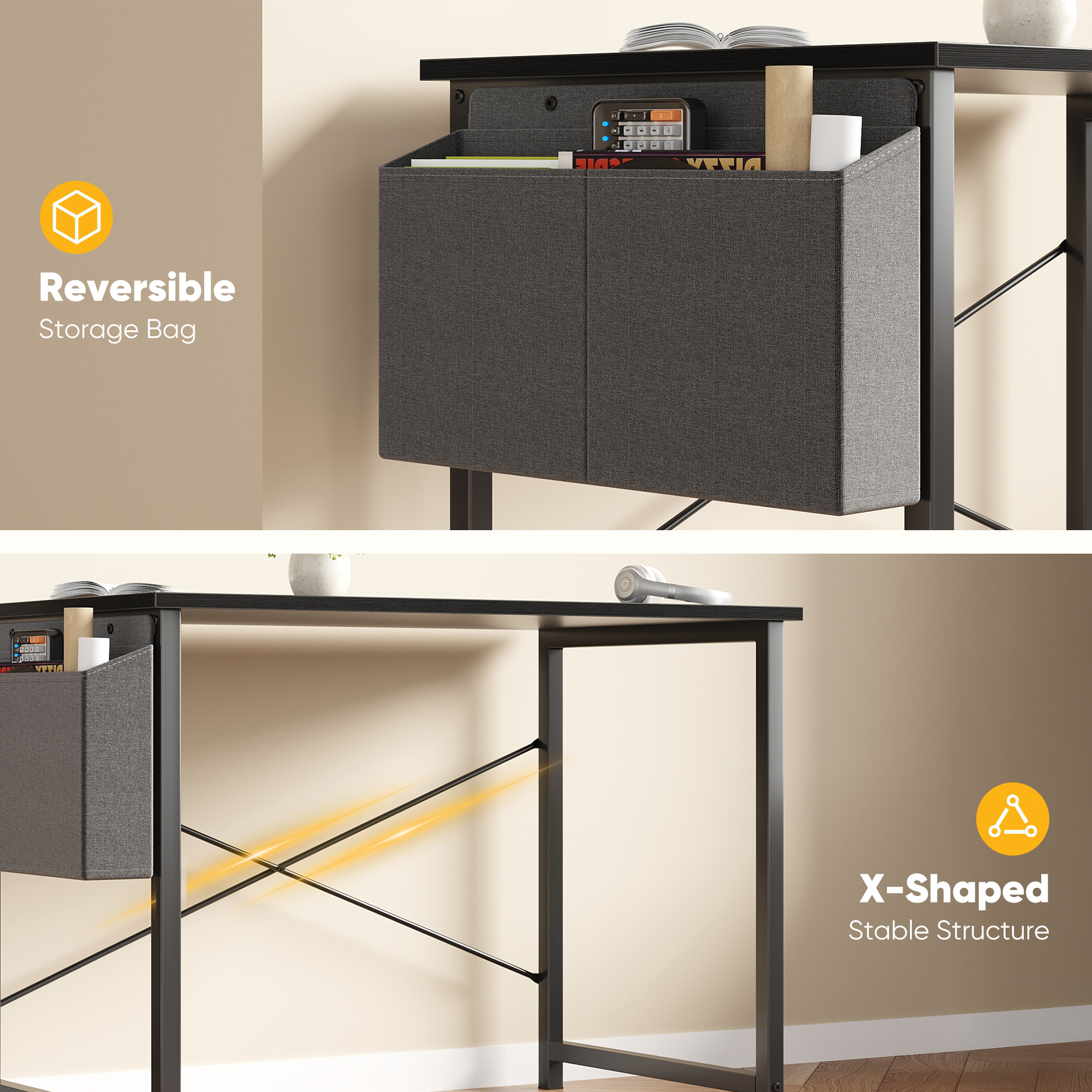 JIOABL 31 inch Computer Desk with Metal Frame and Storage Pouch, Fixed Leg Study Table for Bedroom Office, Black