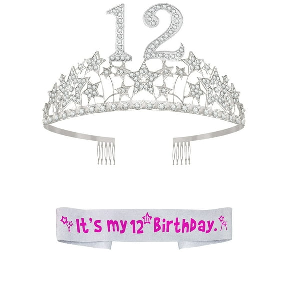 12th Birthday Glitter Sash & Silver Starry Sky Tiara Set for Girls