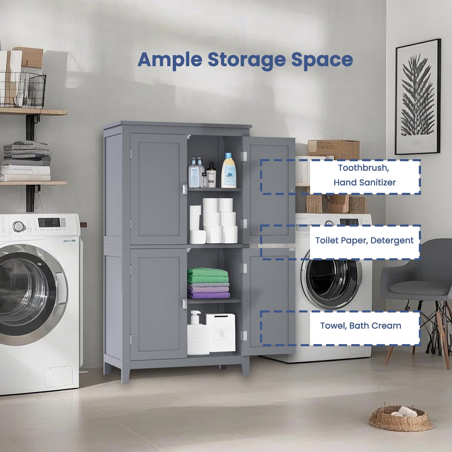 LEDREM Bathroom Storage Floor Cabinet Organizer with 4 Doors & Adjustable Shelves, 43" Wooden Pantry Cabinet Freestanding for Kitchen Living Room Small Spaces, Mystic Gray