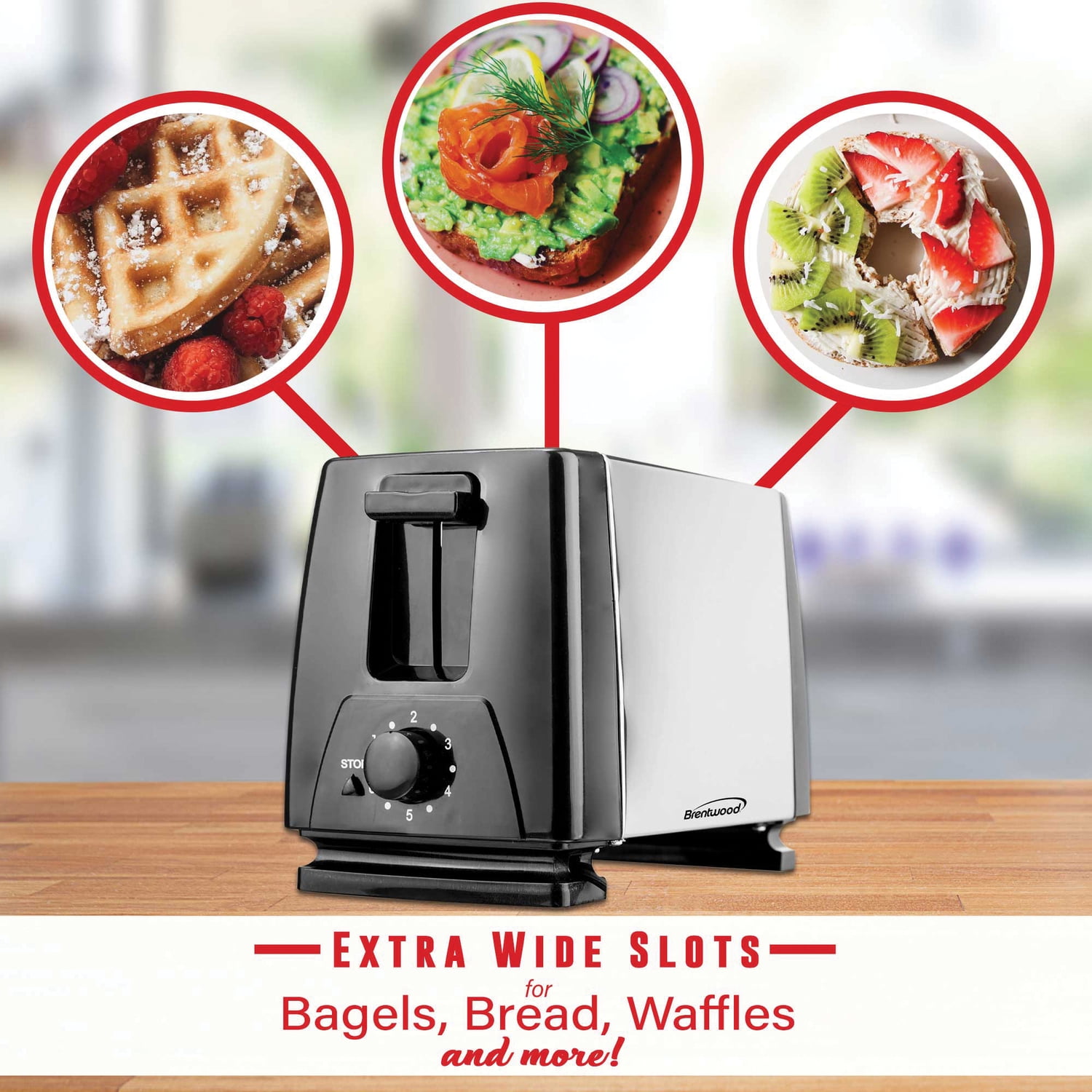 Brentwood 2-Slice Toaster, Black/Silver, Extra-Wide Slots