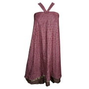 Mogul Indian Pink Silk Sari Wrap Around Skirt Two Layer Reversible Printed Beach Cover Up Dress Sarong Magic Skirts