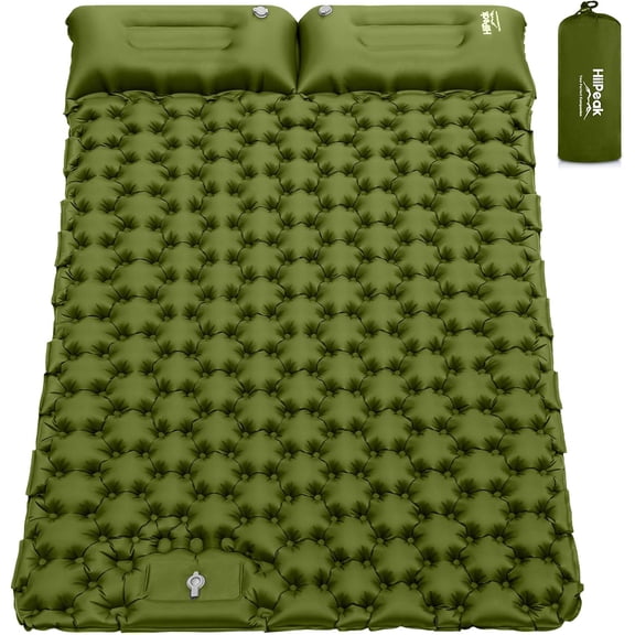 Double Sleeping Pad - Self Inflating 3" Extra-Thick for 2 Person with Pillow Built-in Foot Pump Inflatable Sleeping Mat for Backpacking, Hiking, Traveling, Tent, Portable Camping Mat (Green)