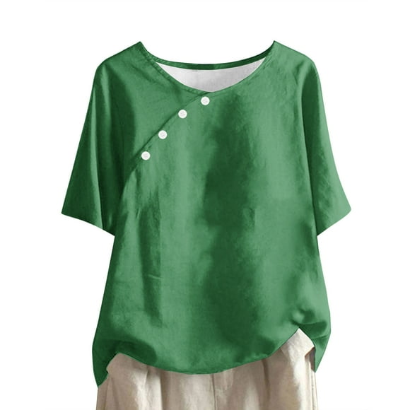 CFLVAEK Cotton Gauze Tops for Women, Plus Size Loose Fit Crew Neck Button Shirts Casual Short Sleeve Comfy Blouses