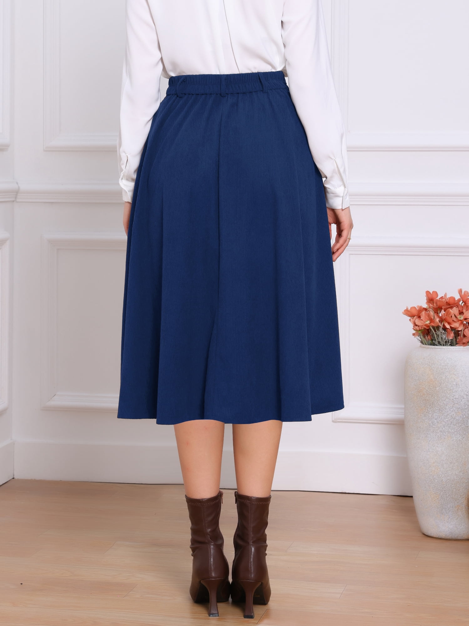 DARING DIVA Women's High Waist A Line Midi Skirts with Pockets Medium Dark Blue