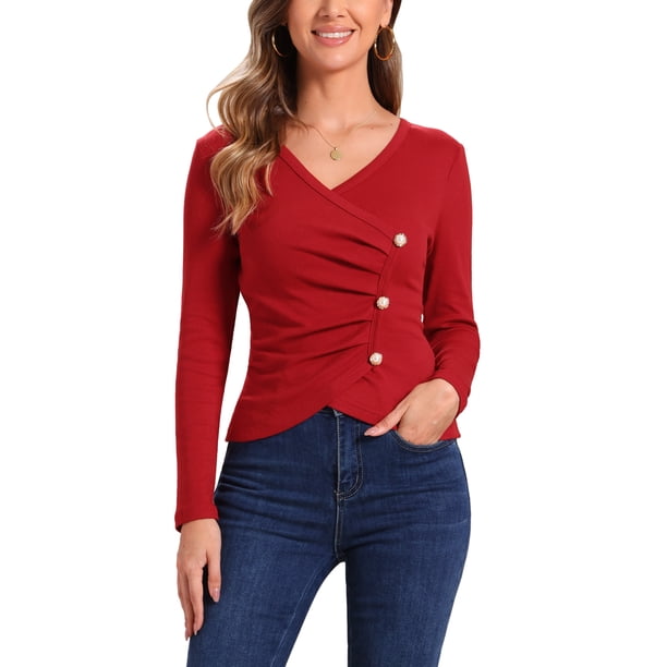 INSPIRAR CHIC Blusas de punto con botones decorativos y cuello en V arrugado para mujeres, color rojo