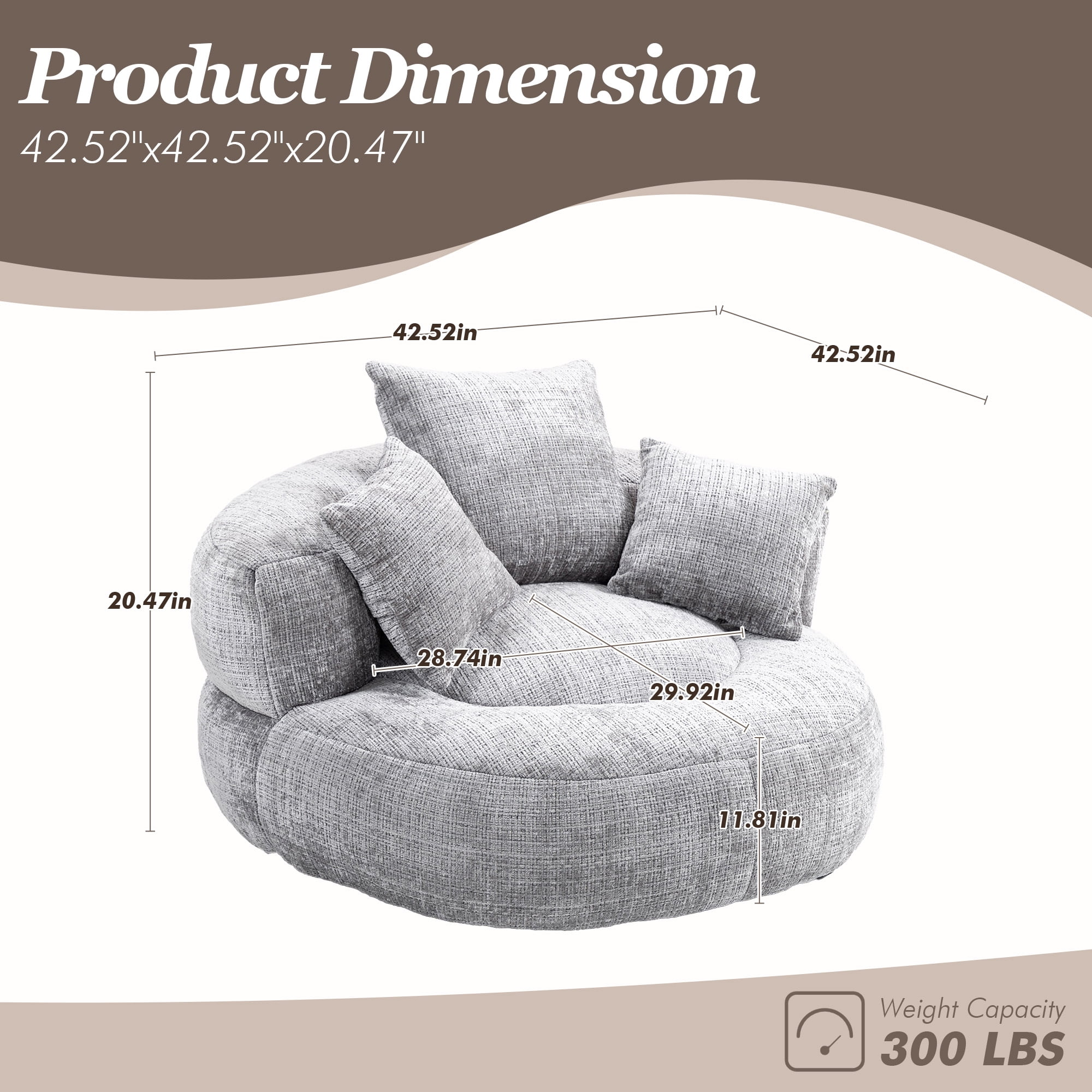 MOONMISS Oversized Bean Bag Chair, Chenille Lazy Bean Bag Sofa with Wrap-Around Backrest & Pillows for Living Room,Light Gray