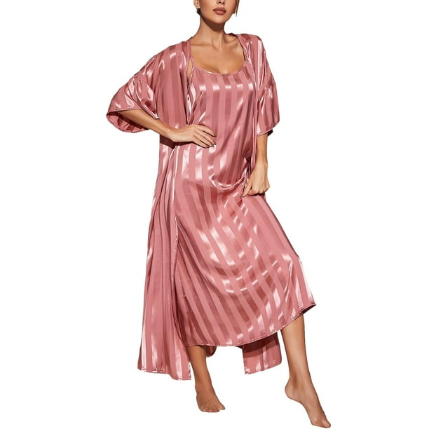 Gibobby Bata mujer invierno de satén a rayas de Color sólido para mujer, ropa de dormir Sexy para mujer, conjunto de pijama de 2 uds(A,G)