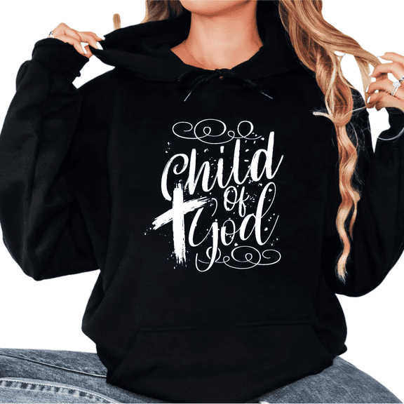 Elevated Street Hoodie 'Child of God'， Black Calligraphy meets Graffiti Cross, with Scroll & Splatter, Women's Designer Faith Pullover