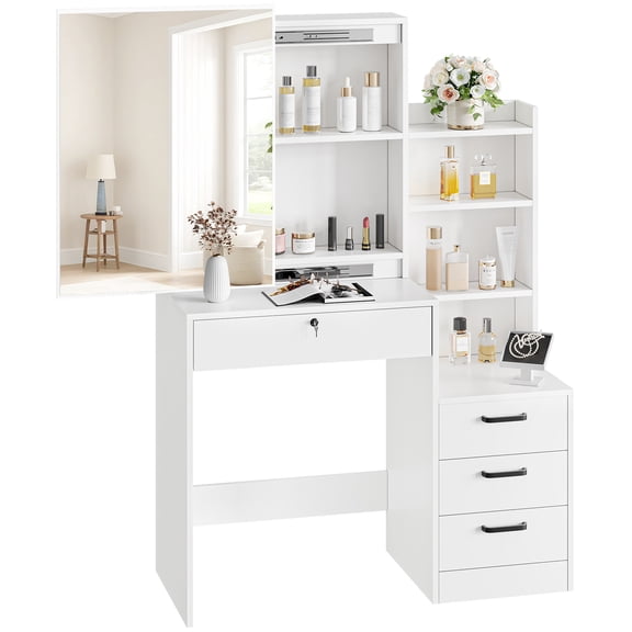 SUGIFT White Lighted Makeup Vanity Table with Sliding Sliding Mirror, Modern Dressing Table Desk with Storage for Bedroom