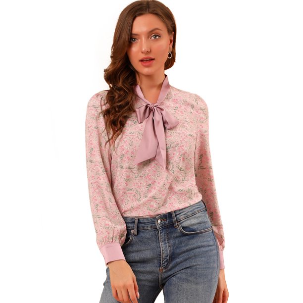 Allegra K Las se?oras de la oficina de la pajarita de la manga larga de las mujeres rematan la blusa floral de la gasa Rosa XL Allegra K Blusa