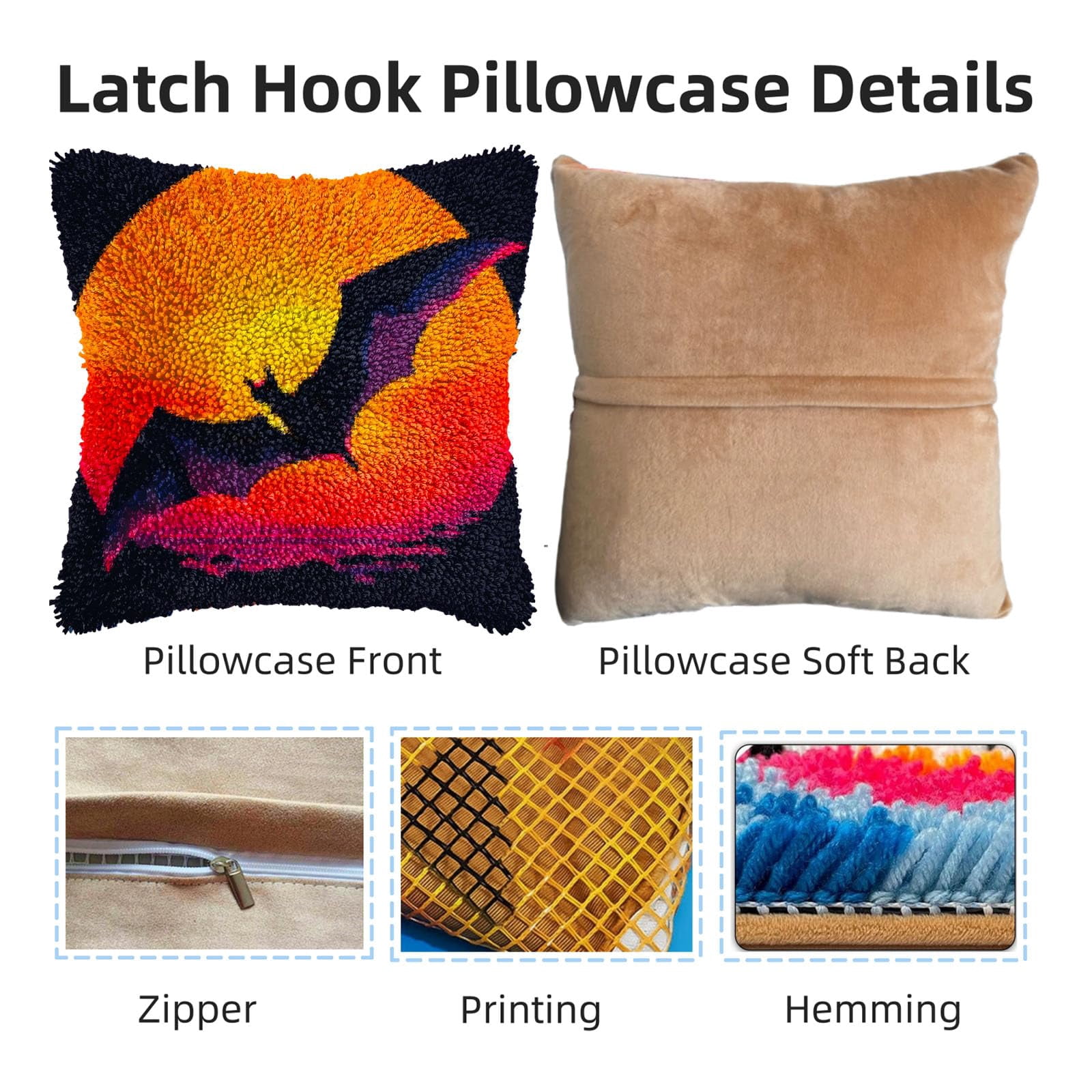 Sunset and Flying Bat DIY Latch Hook Pillow Kits for Adults Printed Pillowcase Crochet Yarns Hooking Handmade Pillow Cover Cushion for Home Sofa Decoration 17x17inch