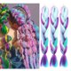 thumbnail image 1 of Mezcla de fibra de cabello trenzado Jumbo, cuatro extensiones de colores sedosos y coloridos del arco iris Kanekalon sintético azul-púrpura claro-rosa suave y saludable (24 pulgadas, 3 unidades), 1 of 3