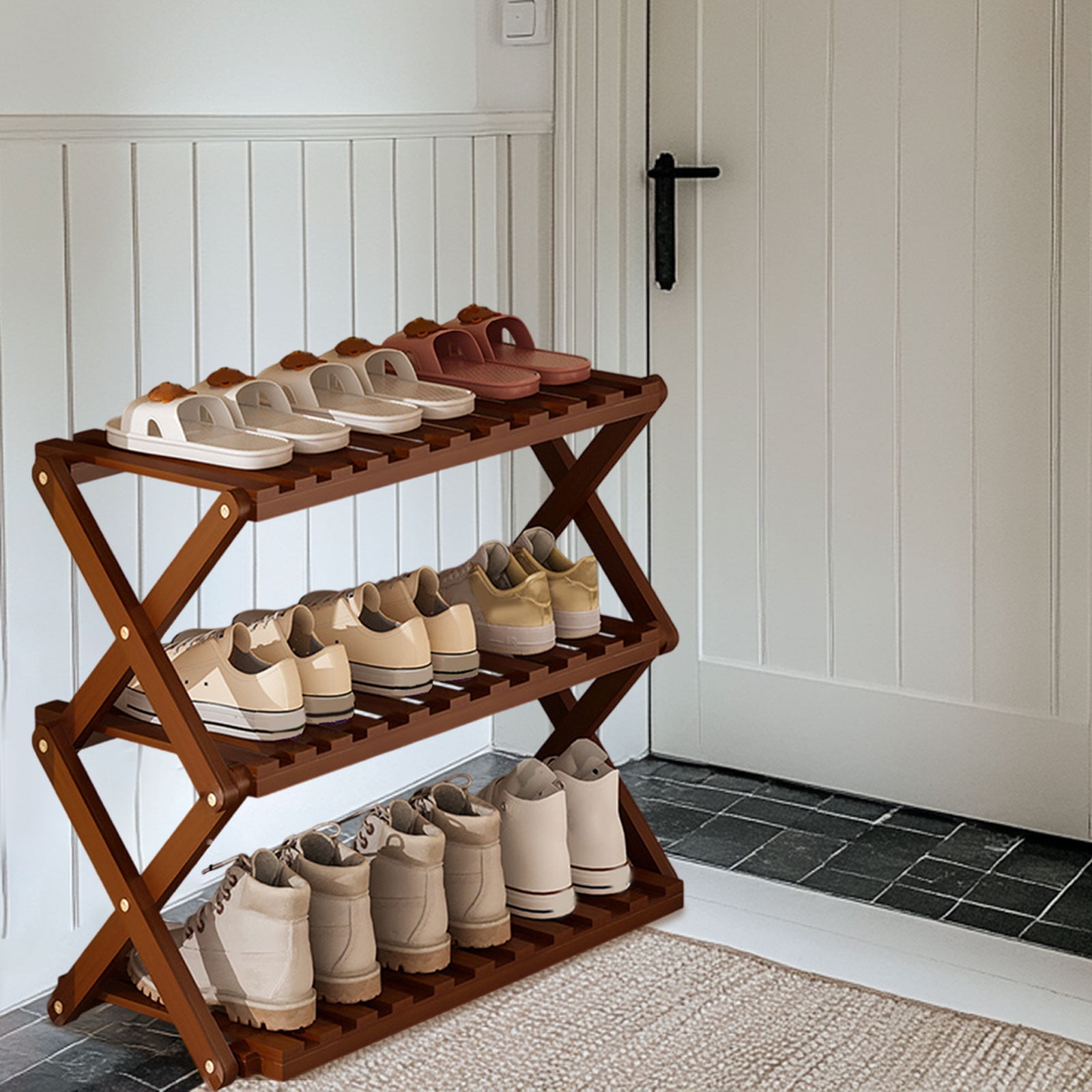 DAMAI 3 Tier Bamboo Shoe Rack,Portable Folding Multifunctional Free Standing Shoe Shelf Storage Shoe Storage Rack,Without Installation Small Shoe Rack Perfect for Corridors,Bedrooms and Small Spaces