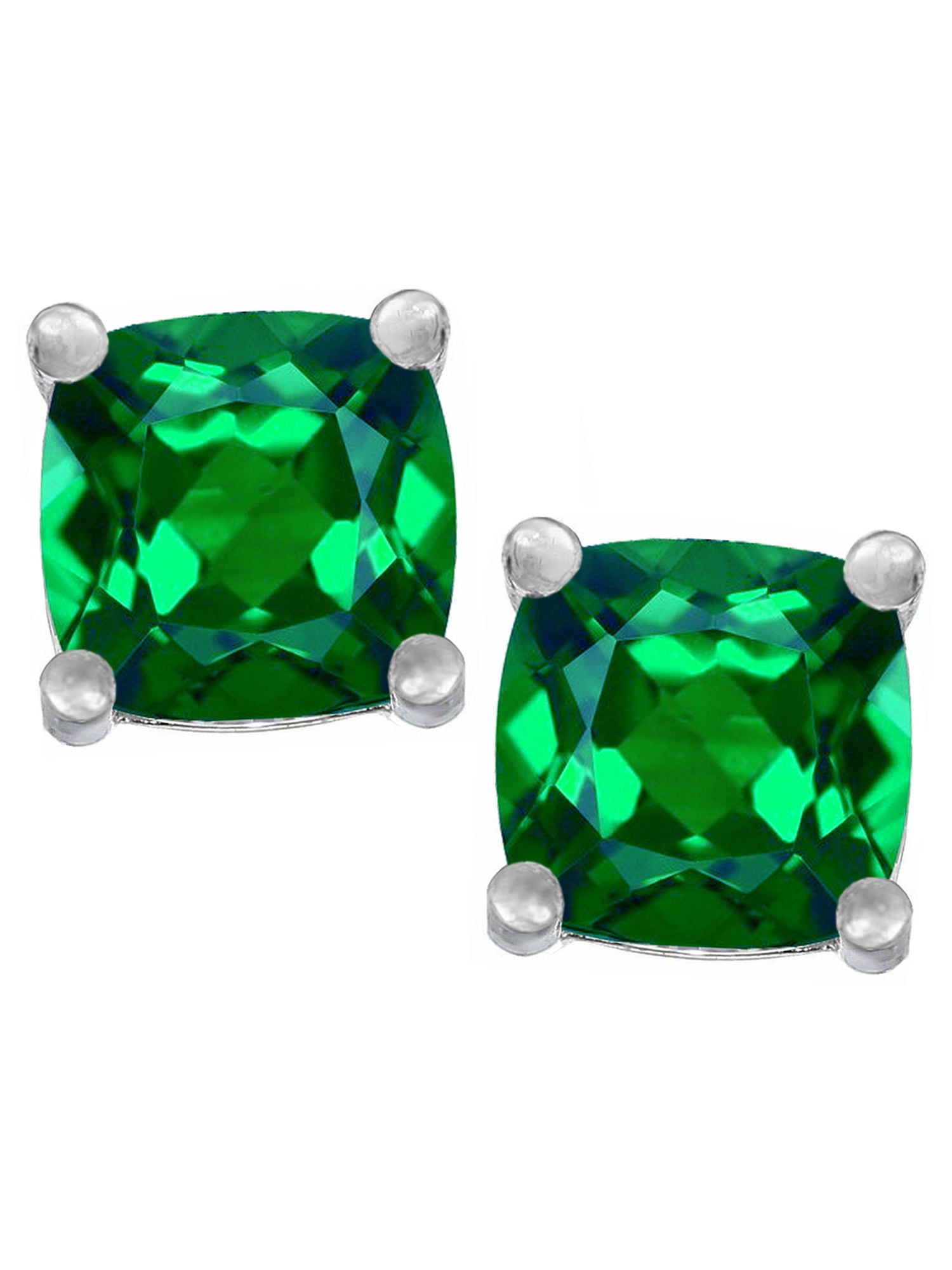 Nano Gems Rich in Color Acacia Collection Premium Quality Simulated Emerald Martini 4 Prongs Sterling Silver Hypoallergenic Stud Earrings Cushion 3.00 ctw Gems Cut 7x7mm Flat on Ear Elegant! 