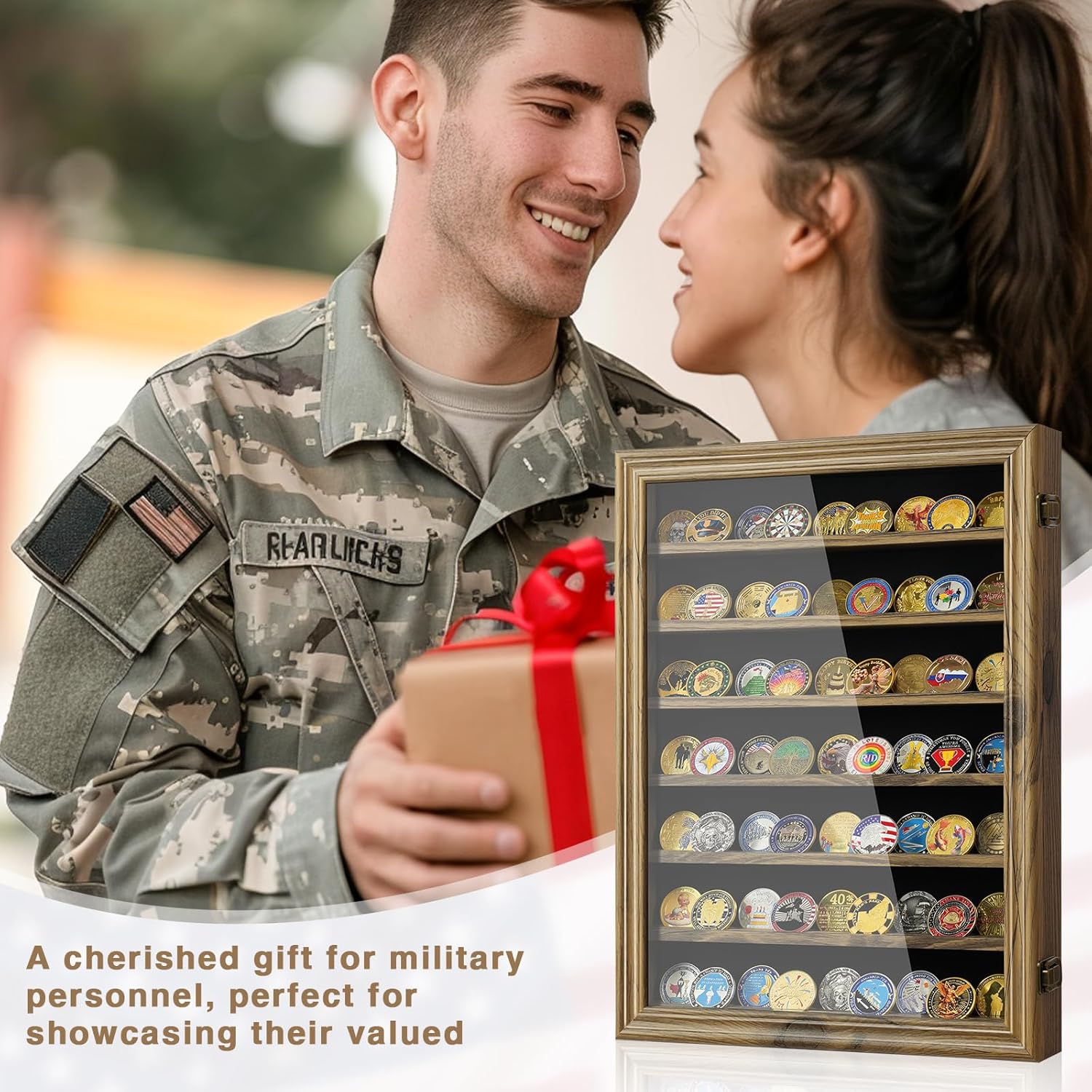 7-Row Wooden Military Challenge Coin Display Case – Holds 100 Coins, Tempered Glass Front, Wall Mount Or Tabletop (Black)