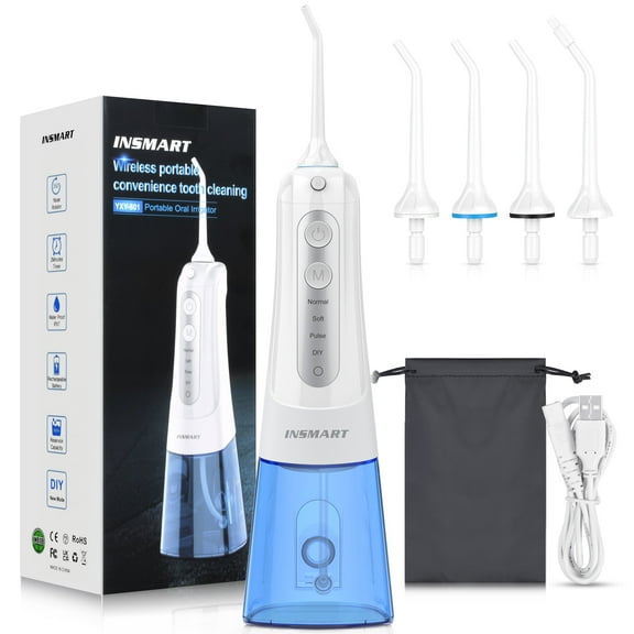 Cordless Water Flosser for Teeth, INSMART,Portable Rechargeable Teeth Cleaner with DIY Mode RGB Light, 4 Jet Tips IPX7 Waterproof Dental Oral Irrigator