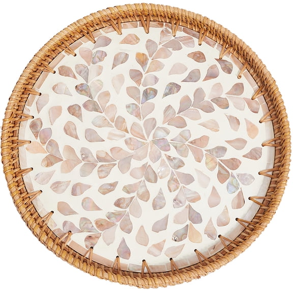 Round Rattan Tray Rattan Woven Serving Tray Wooden Base Hand Woven Basket Decorative Wicker Basket Organizer Tray Table Decor Storage
