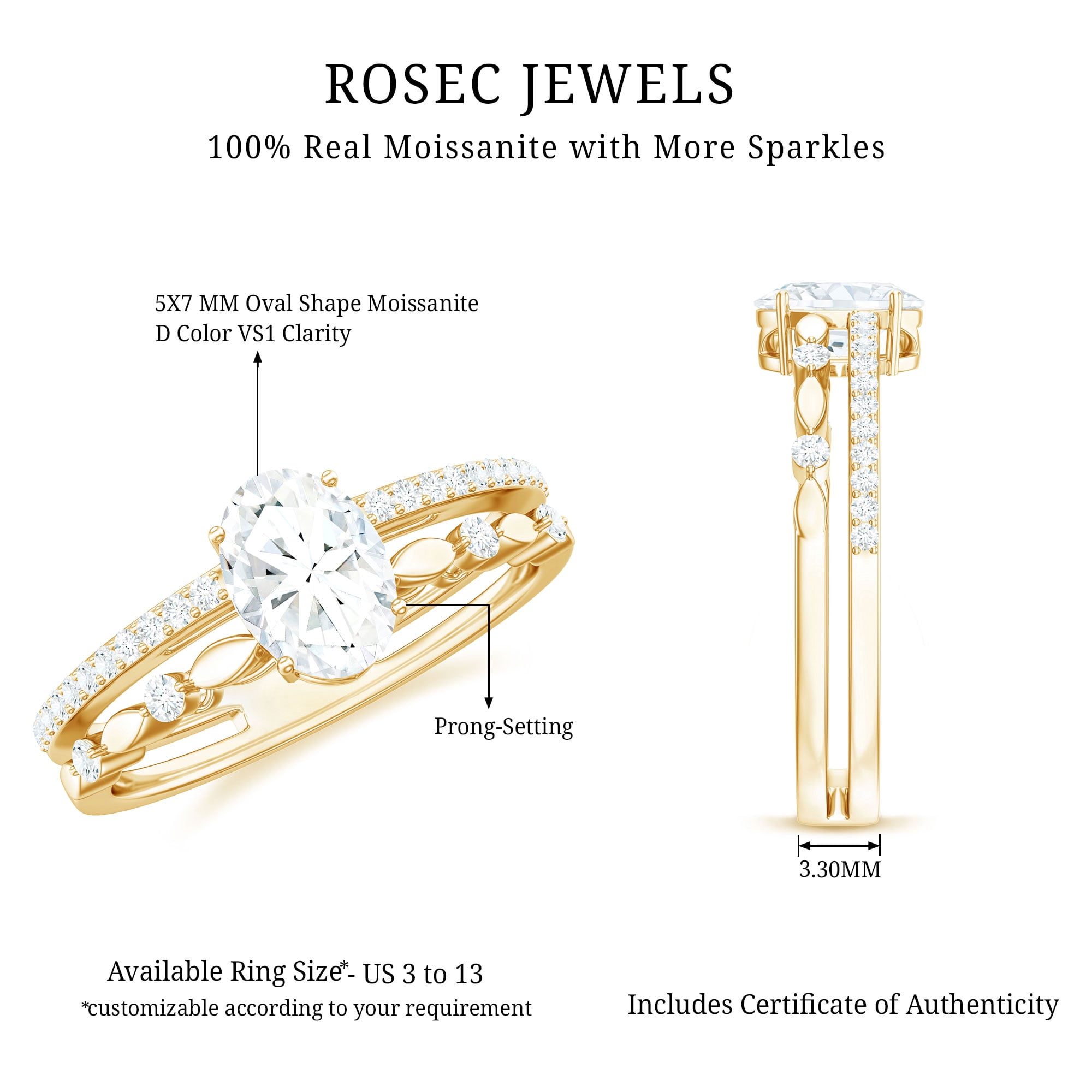 Rosec Jewels Oval Moissanite Solitaire Double Band Engagement Ring for Women (5X7 mm, D-VS1 Grade), 14K Yellow Gold, US 3.50