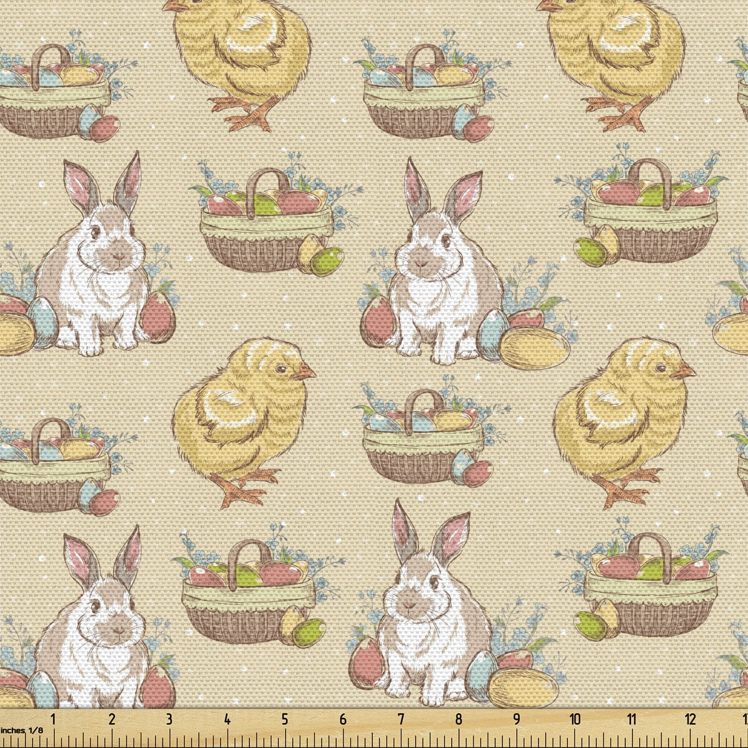 Easter Sofa Upholstery Fabric by the Yard Vintage Style Hand Drawn Pattern with Chicken Rabbit
