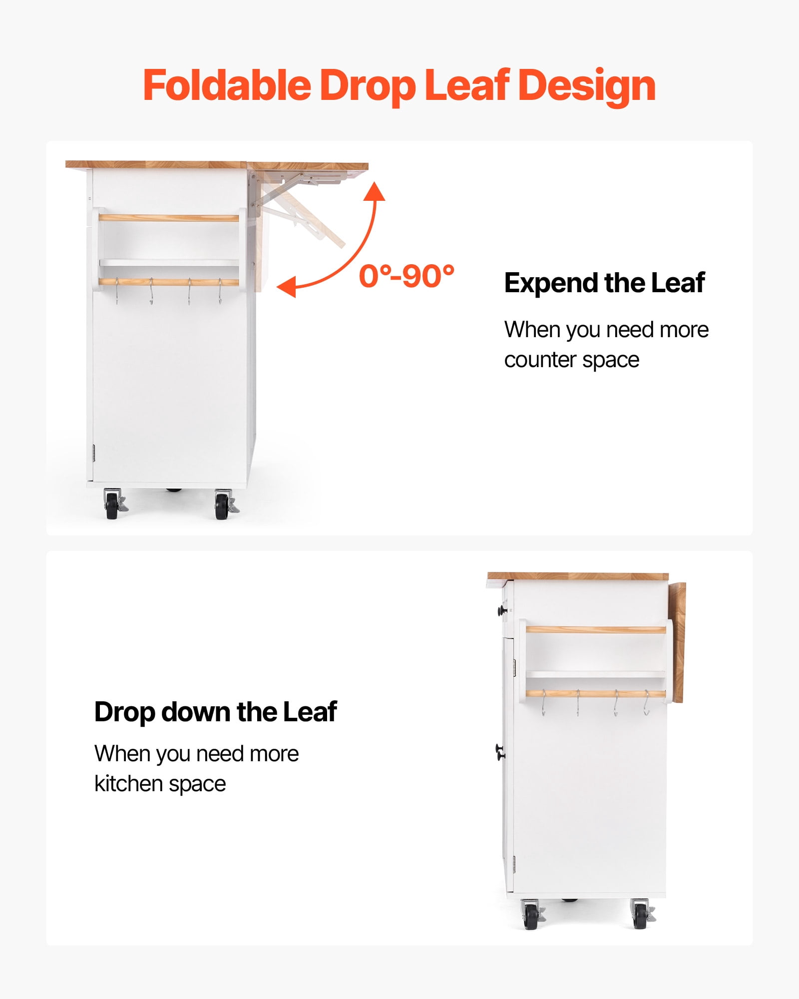 VEVOR Kitchen Island Cart, with Solid Wood Top and Storage Cabinet, Mobile Rolling Table with Drop Leaf,Drawers, Spice Towel Rack,Portable Islands on Swivel Wheels for Dining Room,52in Width,White