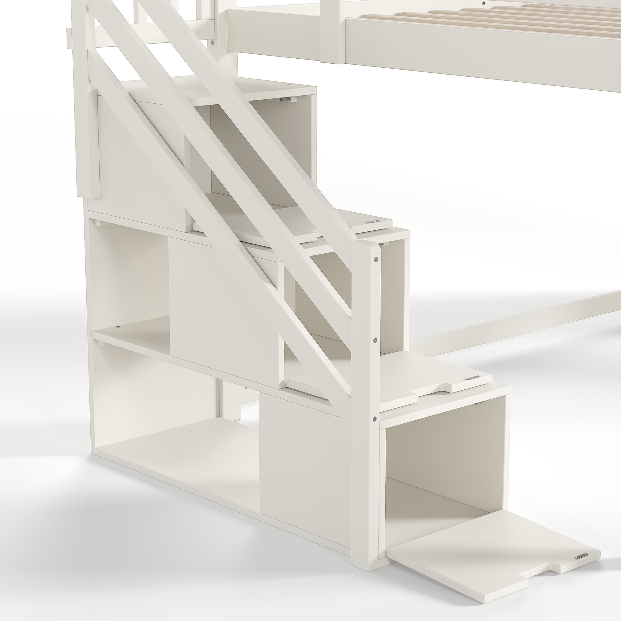 Leumius Full Size Loft Bed with Storage Stairs, Slide & Built-in Wardrobe,Soild Wood Loft Bed Frame with High Guardrail,Beige