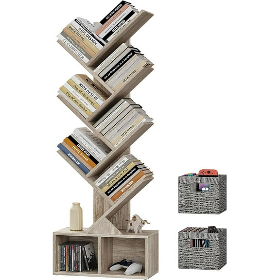 6 Tier Tree Bookshelf, Small Bookcase with Storage Cabinet, Modern Tall Narrow Bookshelves Organizer, Floor Standing Book Shelf for Bedroom/Living Room/Home Office/Corner, Rustic Greige