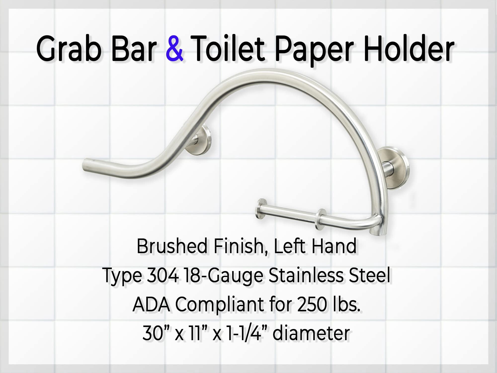Grab Bar Toilet Paper Holder for Bathroom Safety/304 Stainless Steel/Left/Brushed Finish/ 30" x 11"