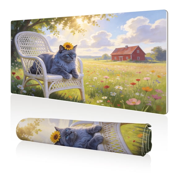 LIVEKEY Mouse Pad 80x40cm Extra Large Non Slip Stitched Edges Full Coverage Durable Easy Clean Gray Cat with Sunflower on Wicker Chair in Flower Field and Farmhouse Art for Gaming Office