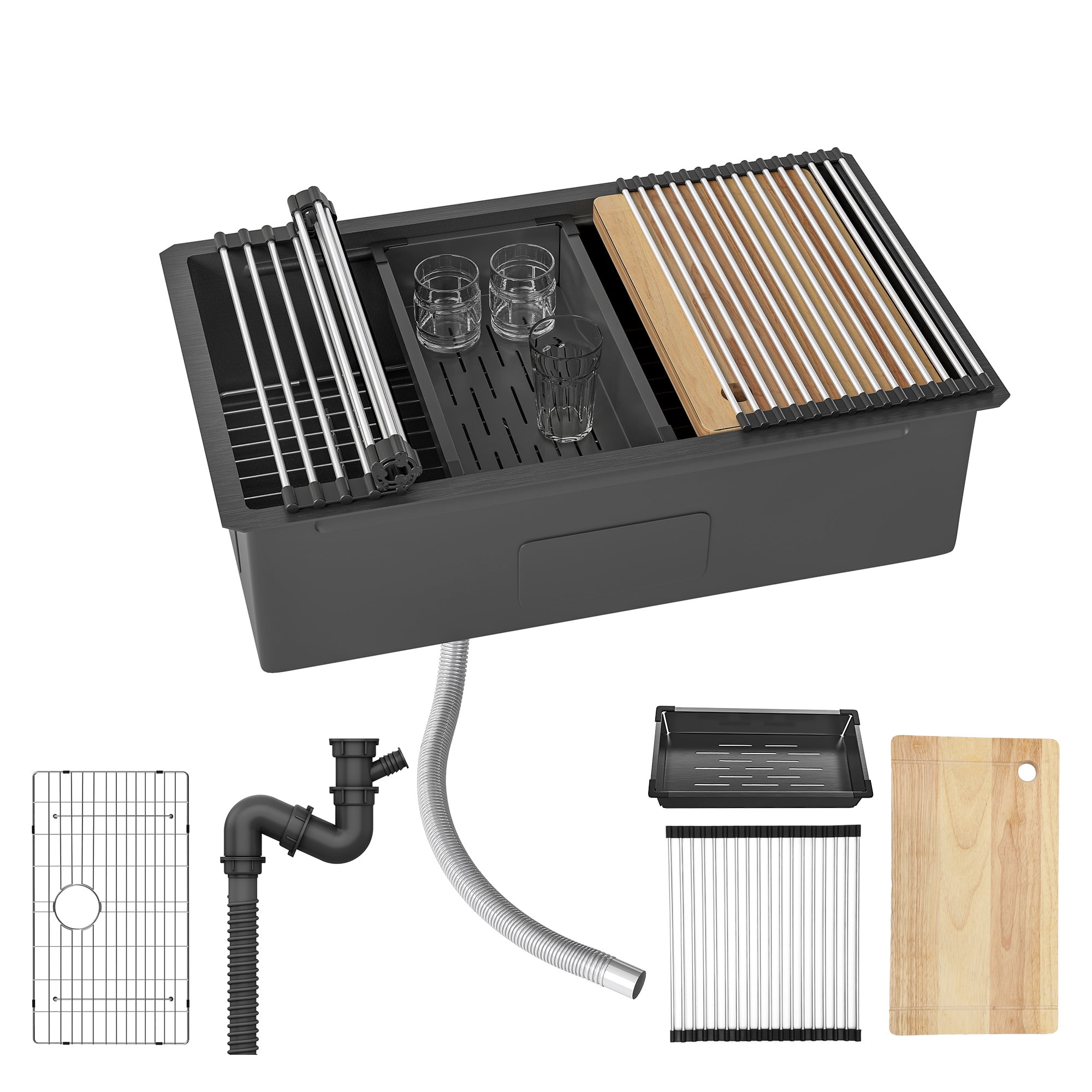 Uforic 32" Undermount Kitchen Sink Workstation, Gunmetal Black Stainless Steel Single Bowl w/ Accessories