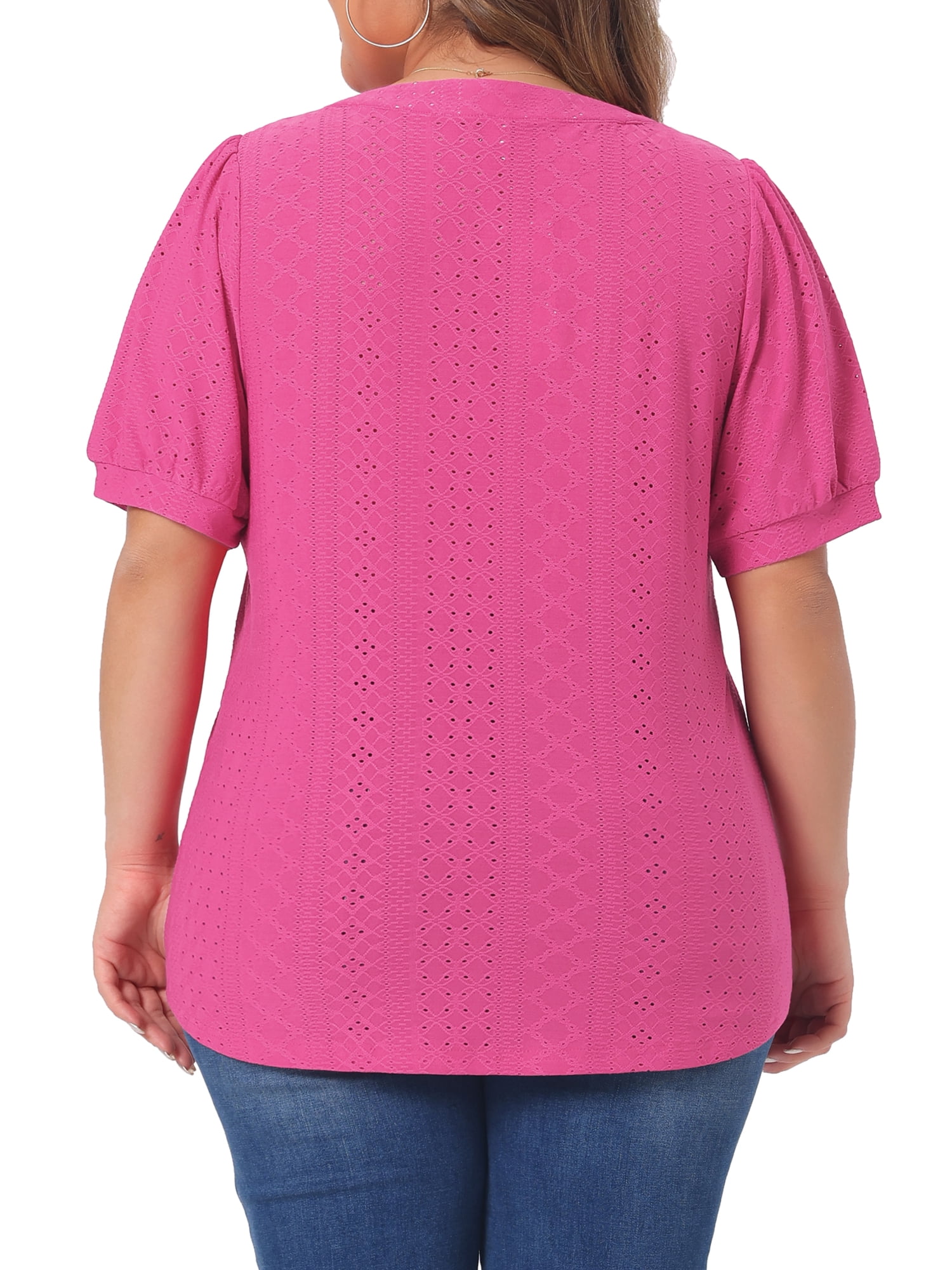 Women's Plus Tops Hollow Casual V Neck Short Sleeve Summer Blouse Shirts 3X Hot Pink