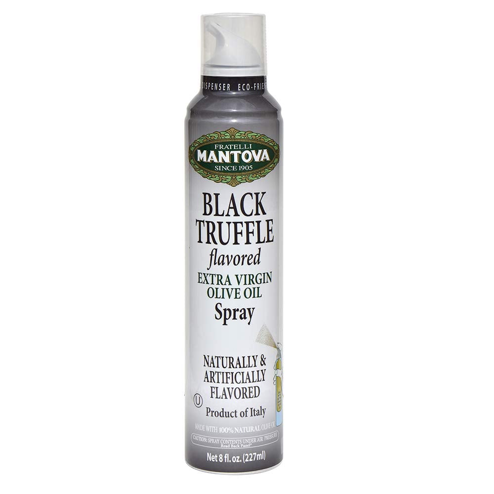 Mantova Truffle Spray Extra Virgin Olive Oil 8 Oz, an all-natural product that has a great balance of Truffle and extra virgin olive oil flavor. Always fresh oil as there is no contact with light