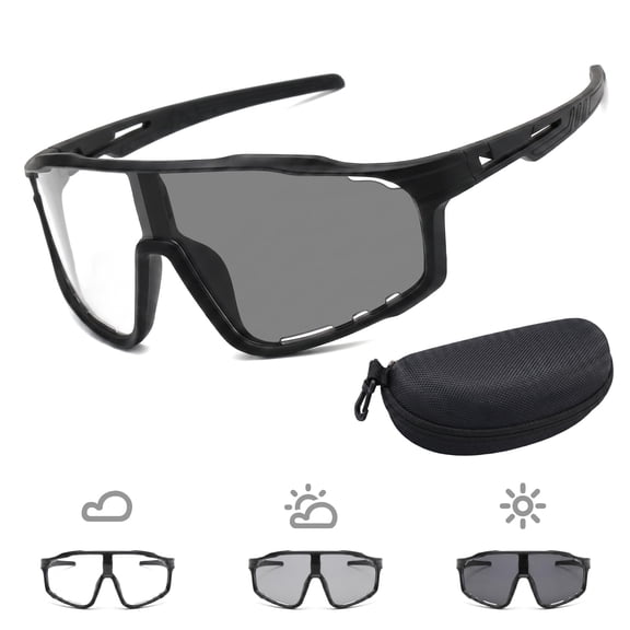 Fountwell Photochromic Cycling Sunglasses Mens Womens Square Sport Riding Glasses with Hard Case