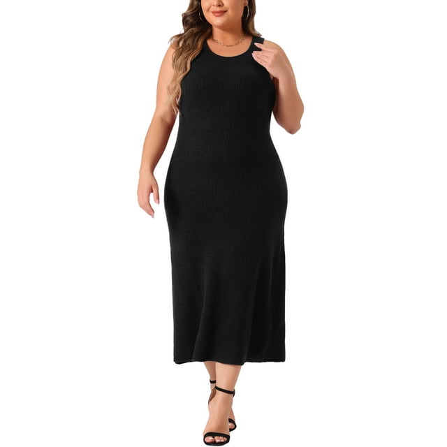 Vestido de suéter sin mangas de talla grande para mujer Agnes Orinda, cuello redondo, ajustado, midi, estilo tank, primavera, 1X, negro