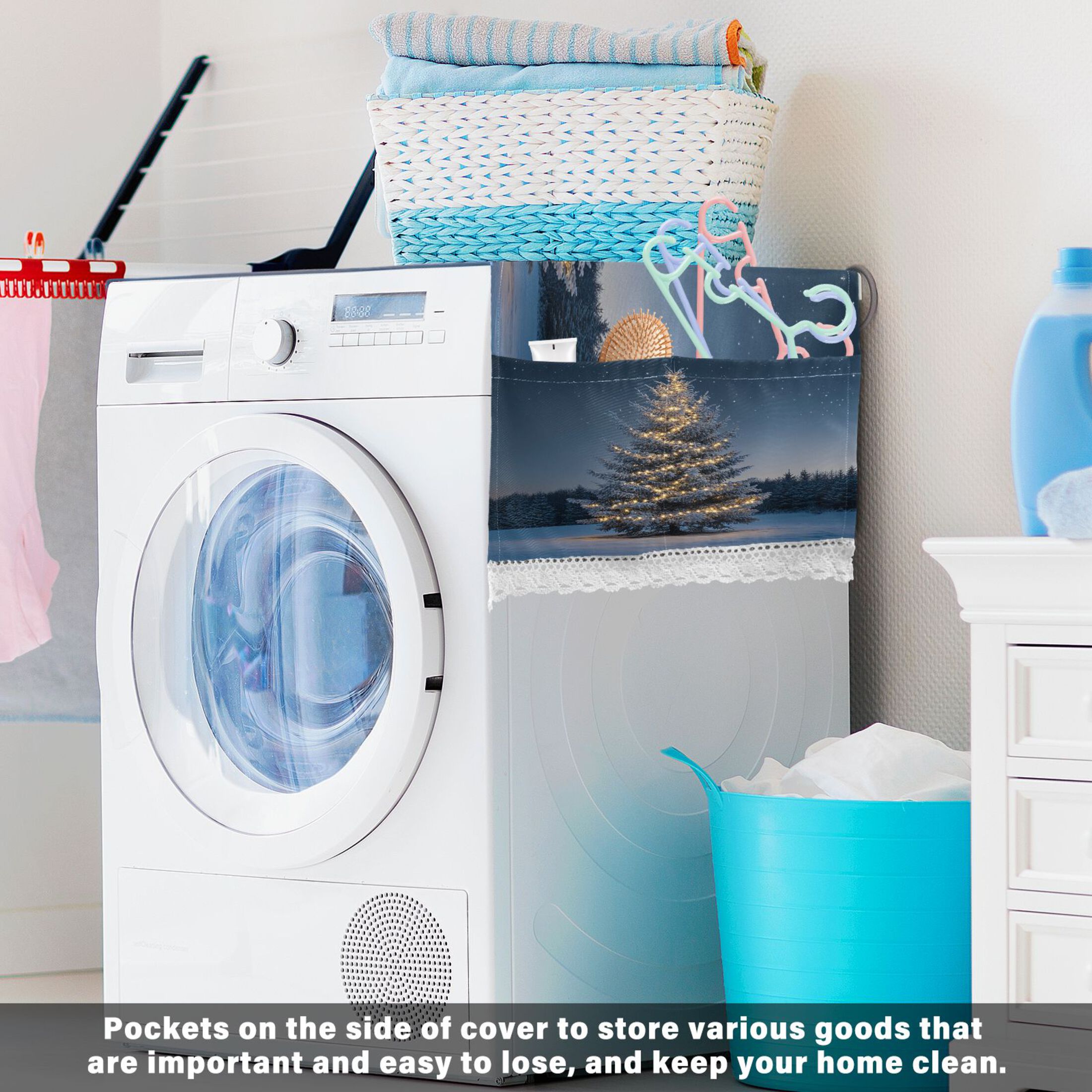 Christmas TreeWasher and Dryer Covers Dust-Proof and Oil Resistant Fridge Cover with 4 Storage Pockets Washing Machine Top Cover for Laundry Kitchen Home 51.2 x 22 In