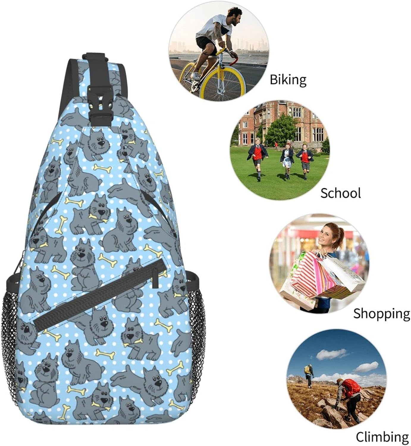 Cute Dog Of Schnauzer Animal Pattern Sling Bag Crossbody Hiking Travel Chest Bags Backpack Shoulder Daypack for Women Men