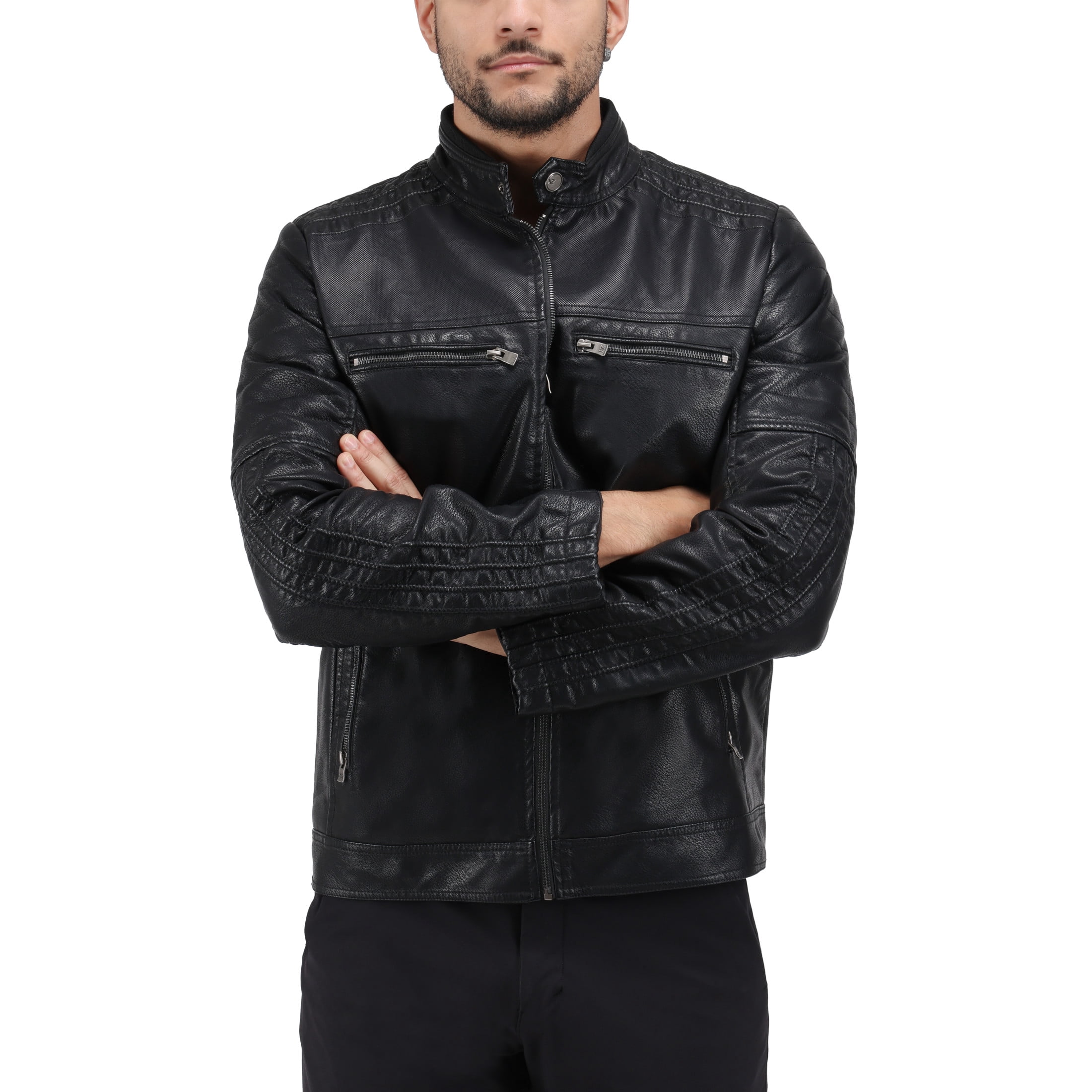 X RAY Jeans Mens Grainy PU Leather Moto Jacket, Black, XL
