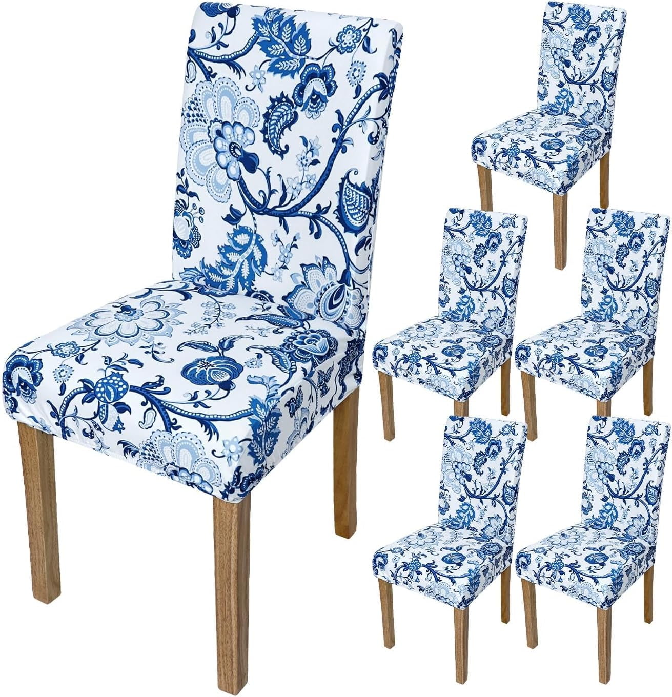 Blue Paisley Flower Stretchy Parson Chair Slipcovers for Dining Room